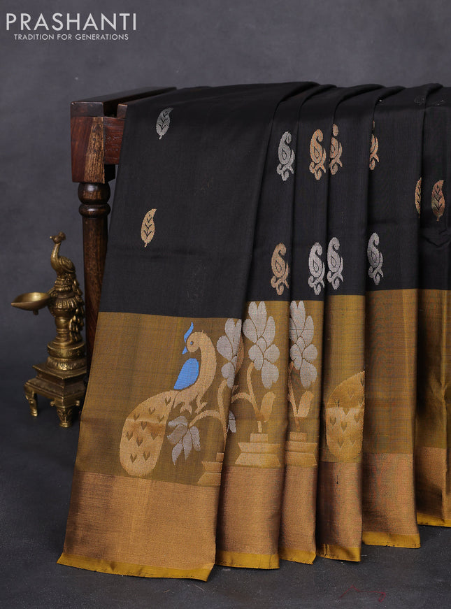 Pure uppada silk saree black and mustard yellow with silver & gold zari woven buttas and peacock design zari woven border