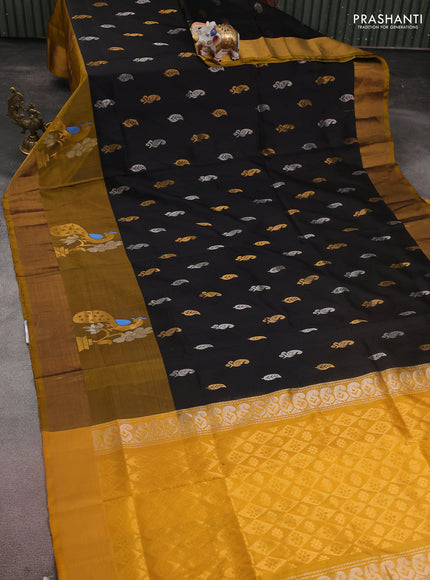 Pure uppada silk saree black and mustard yellow with silver & gold zari woven buttas and peacock design zari woven border