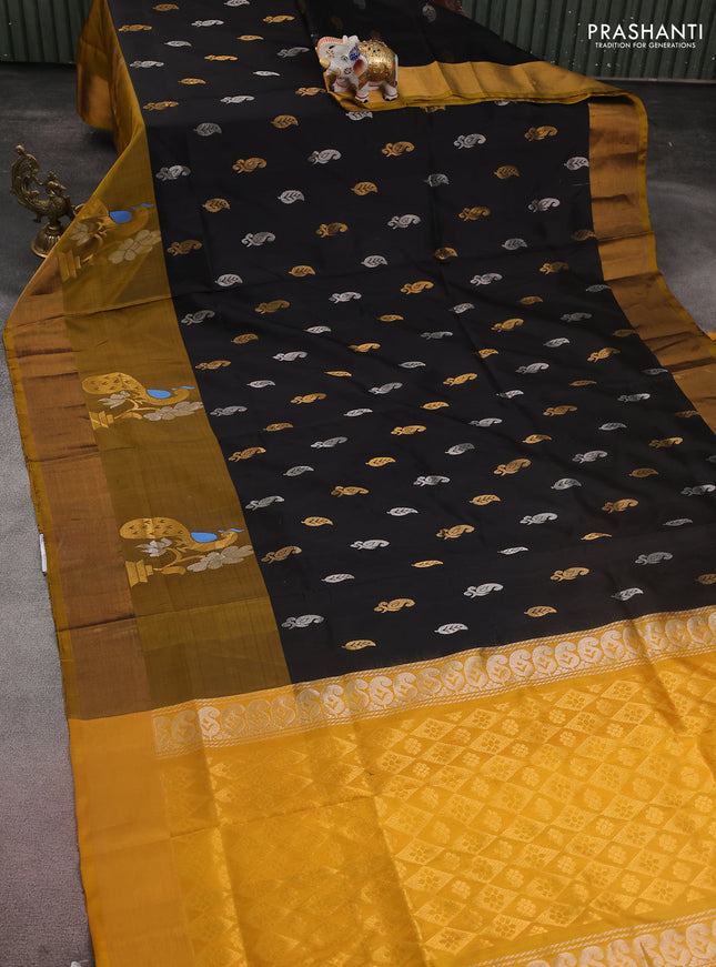 Pure uppada silk saree black and mustard yellow with silver & gold zari woven buttas and peacock design zari woven border