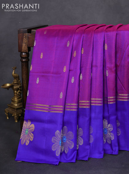 Pure uppada silk saree purple and blue with silver & gold zari woven buttas and long zari woven floral butta border