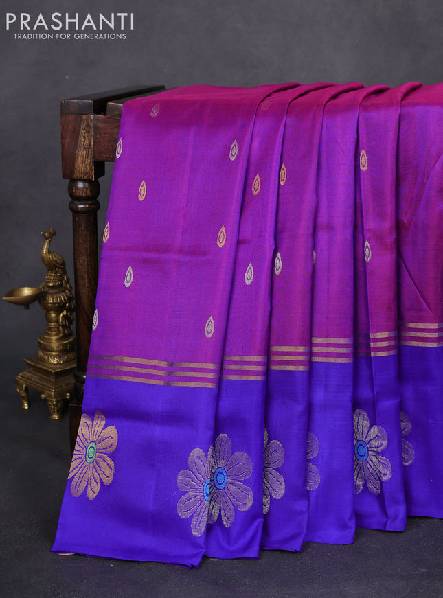 Pure uppada silk saree purple and blue with silver & gold zari woven buttas and long zari woven floral butta border