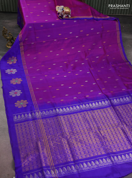 Pure uppada silk saree purple and blue with silver & gold zari woven buttas and long zari woven floral butta border