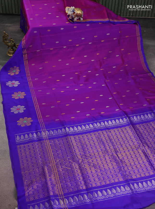 Pure uppada silk saree purple and blue with silver & gold zari woven buttas and long zari woven floral butta border