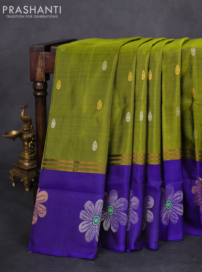 Pure uppada silk saree mehendi green and blue with silver & gold zari woven buttas and long zari woven floral butta border