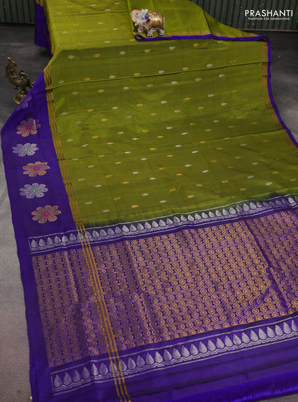 Pure uppada silk saree mehendi green and blue with silver & gold zari woven buttas and long zari woven floral butta border
