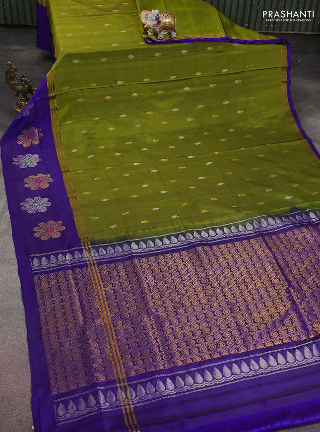 Pure uppada silk saree mehendi green and blue with silver & gold zari woven buttas and long zari woven floral butta border