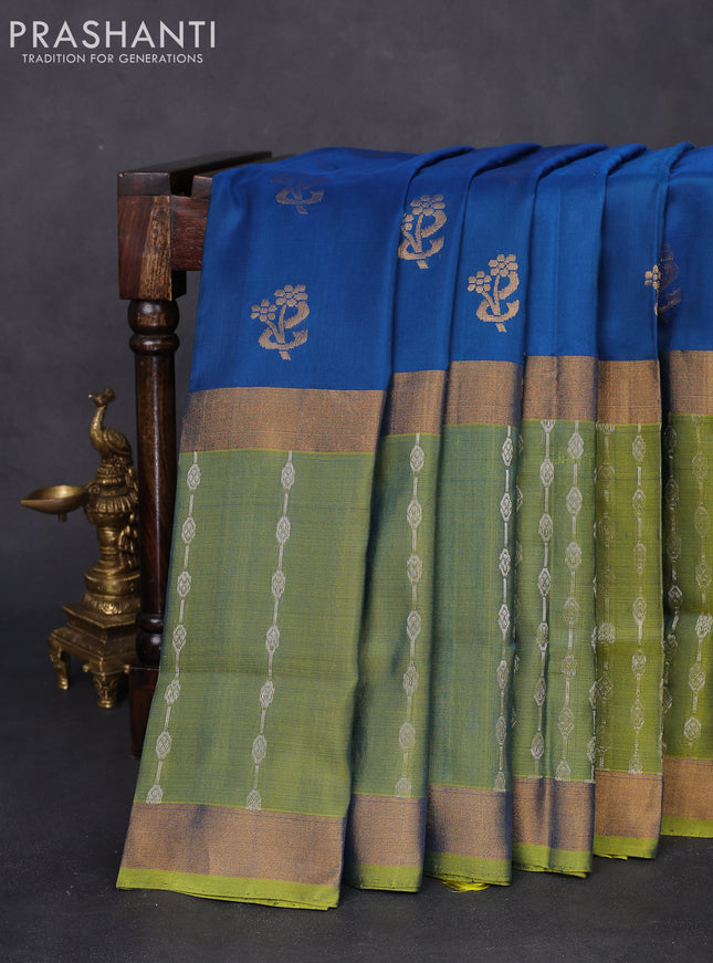 Pure uppada silk saree peacock blue and dual shade of mustard with zari woven floral buttas and long zari woven border