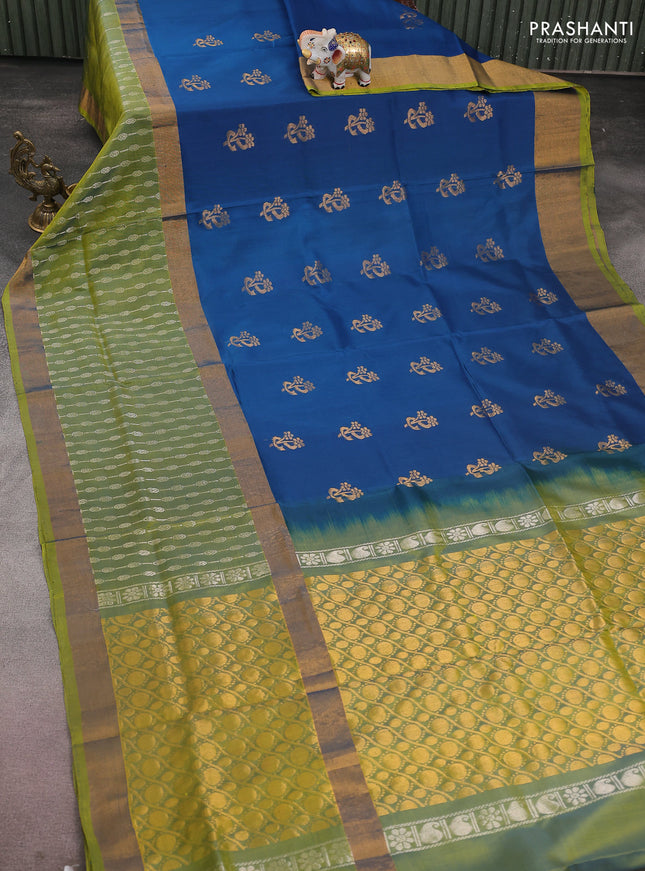 Pure uppada silk saree peacock blue and dual shade of mustard with zari woven floral buttas and long zari woven border