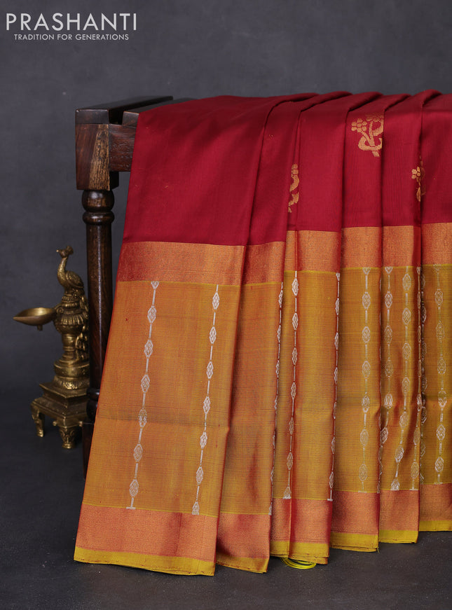 Pure uppada silk saree maroon and dual shade of mustard with zari woven floral buttas and long zari woven border