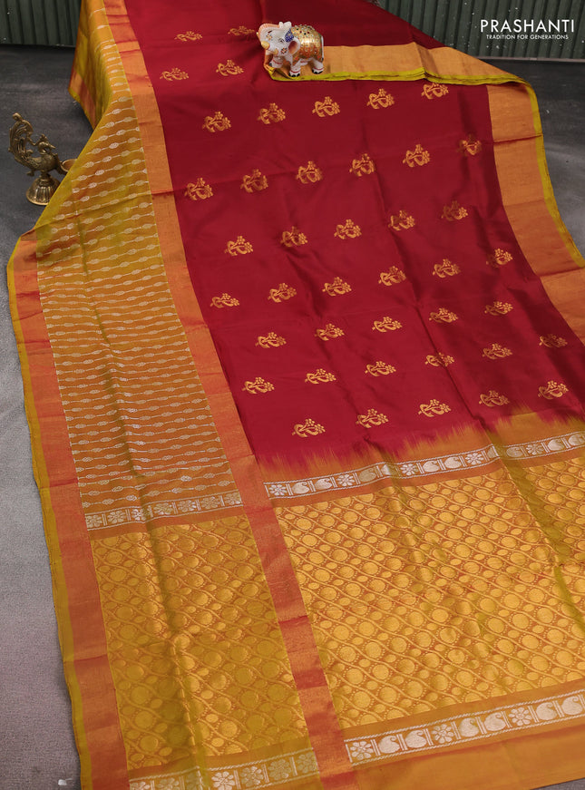 Pure uppada silk saree maroon and dual shade of mustard with zari woven floral buttas and long zari woven border