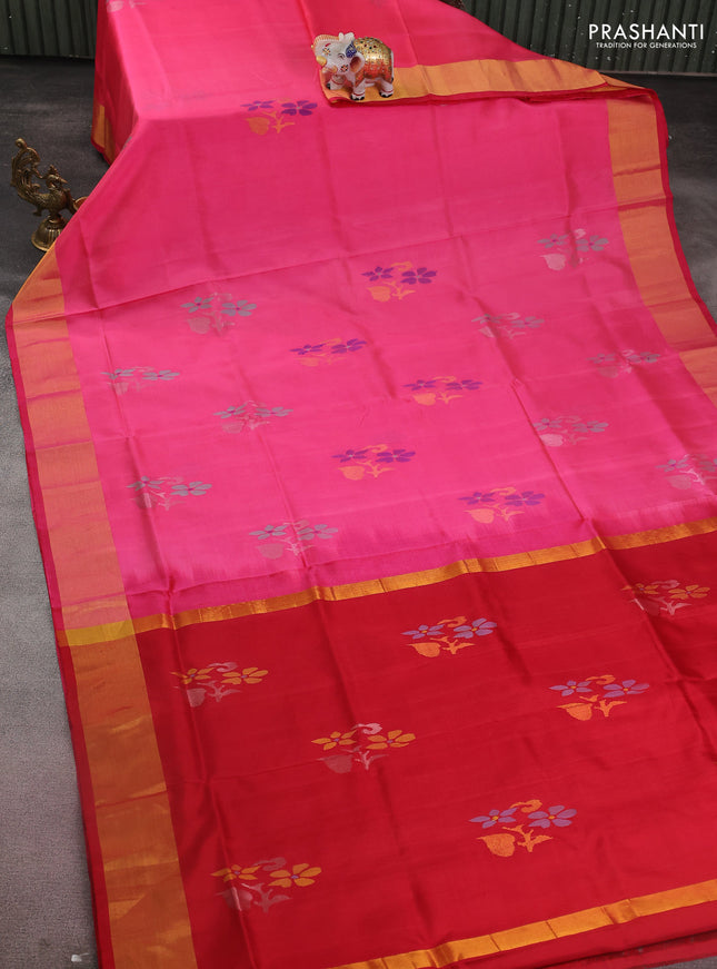 Pure uppada silk saree candy pink and maroon with jamdhani buttas and jamdhani design pallu