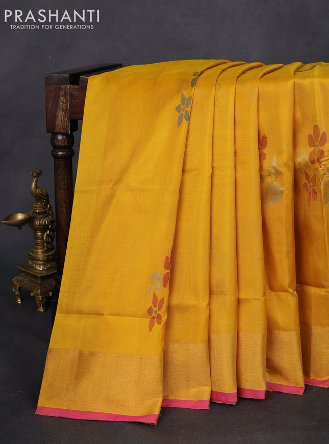 Pure uppada silk saree yellow and pink with jamdhani buttas and jamdhani design pallu