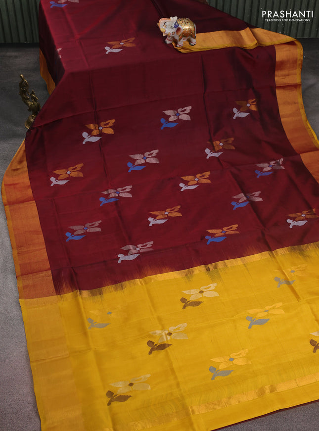 Pure uppada silk saree maroon and mustard yellow with jamdhani buttas and jamdhani design pallu
