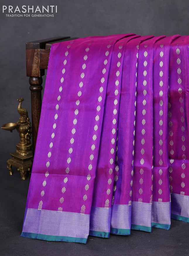 Pure uppada silk saree purple and dual shade of bluish green with allover silver zari woven buttas and silver zari woven border