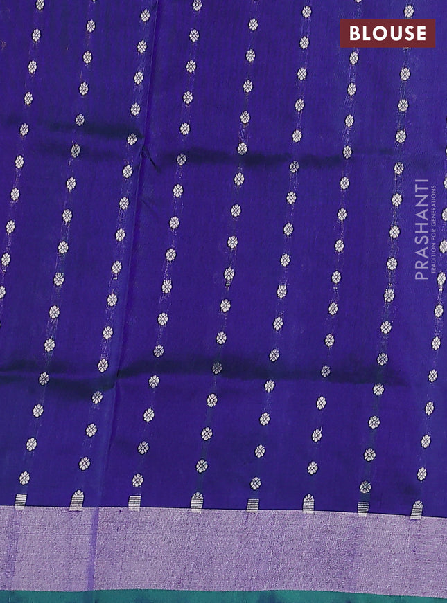 Pure uppada silk saree purple and dual shade of bluish green with allover silver zari woven buttas and silver zari woven border