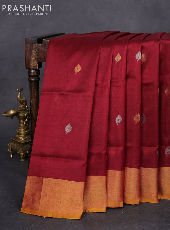 Pure uppada silk saree maroon and mustard yellow with jamdhani leaf buttas and jamdhani design pallu