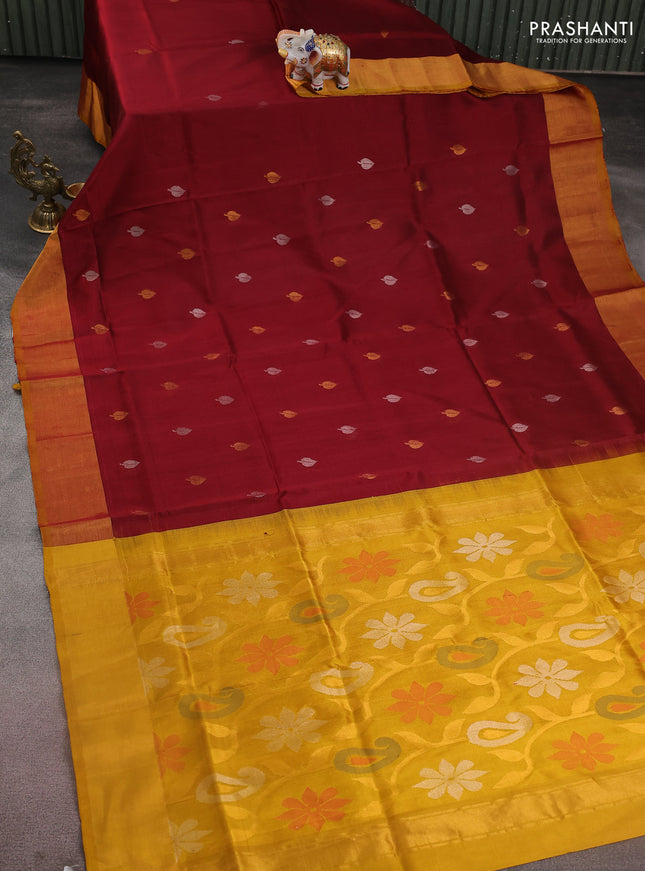 Pure uppada silk saree maroon and mustard yellow with jamdhani leaf buttas and jamdhani design pallu