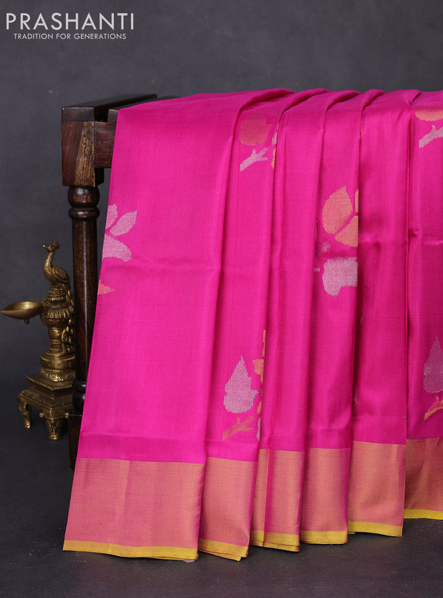 Pure uppada silk saree pink and lime yellow with jamdhani buttas and jamdhani design pallu