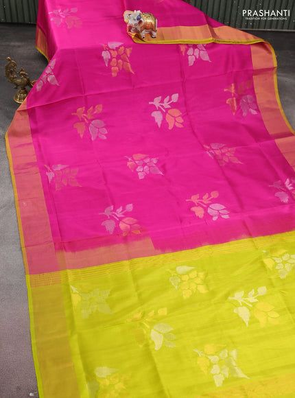 Pure uppada silk saree pink and lime yellow with jamdhani buttas and jamdhani design pallu