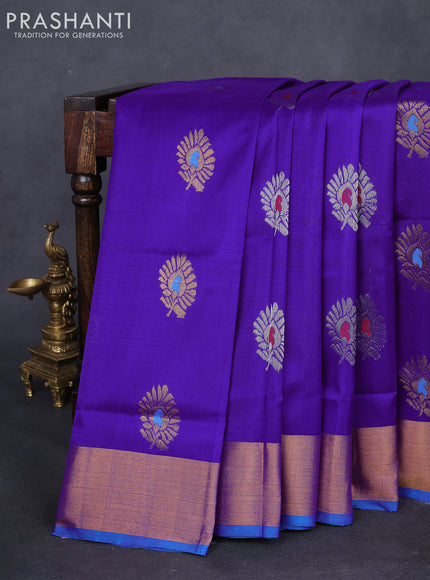 Pure uppada silk saree violet and cs blue with silver & gold zari woven buttas and zari woven border