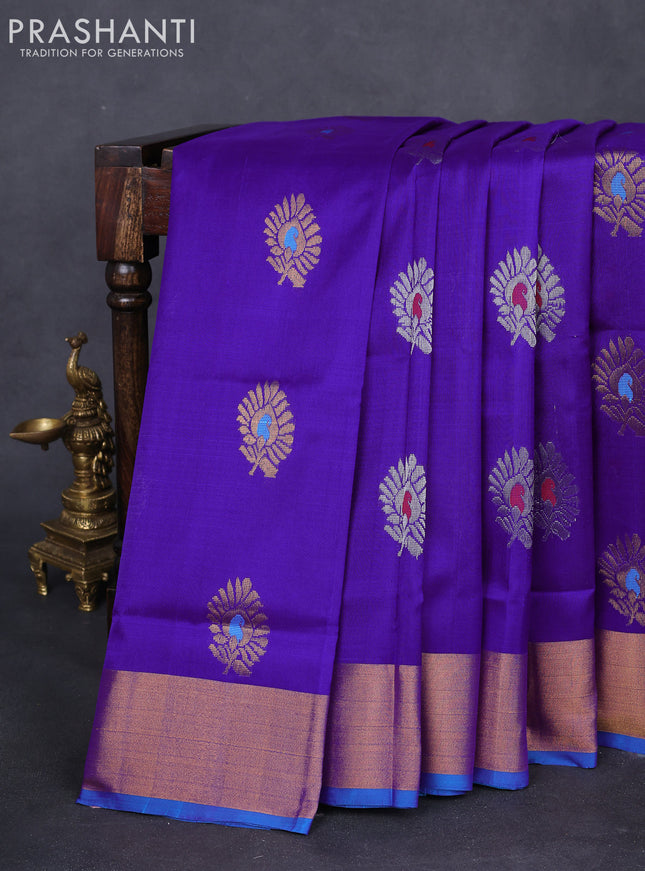 Pure uppada silk saree violet and cs blue with silver & gold zari woven buttas and zari woven border