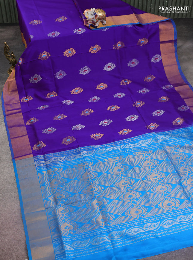 Pure uppada silk saree violet and cs blue with silver & gold zari woven buttas and zari woven border