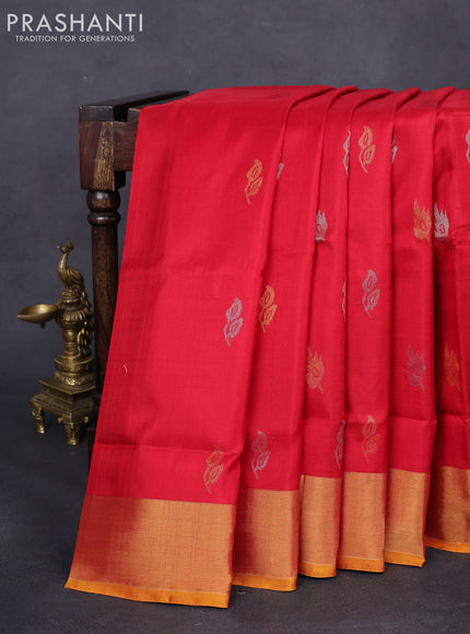 Pure uppada silk saree red and mustard yellow with silver & gold zari woven buttas and zari woven border
