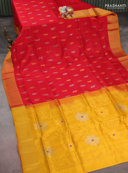 Pure uppada silk saree red and mustard yellow with silver & gold zari woven buttas and zari woven border