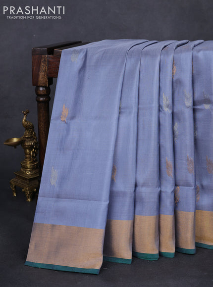 Pure uppada silk saree grey and green with silver & gold zari woven buttas and zari woven border