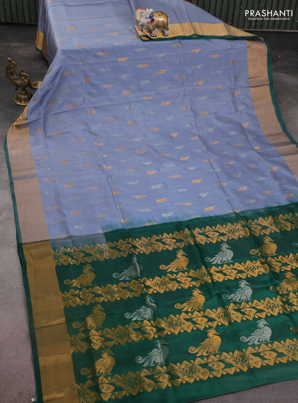 Pure uppada silk saree grey and green with silver & gold zari woven buttas and zari woven border