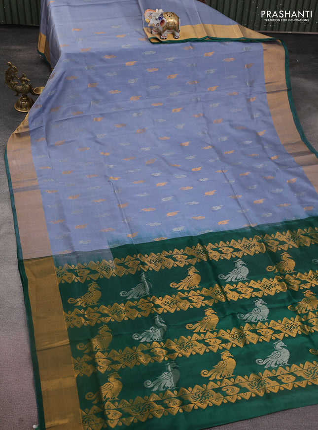 Pure uppada silk saree grey and green with silver & gold zari woven buttas and zari woven border