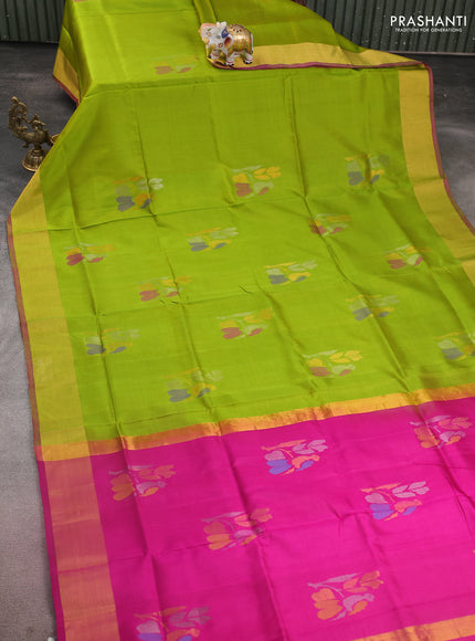 Pure uppada silk saree light green and magenat pink with floral jamdhani buttas and jamdhani design pallu