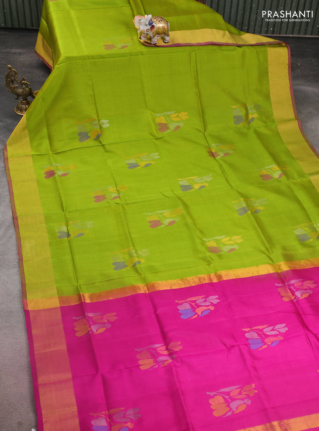 Pure uppada silk saree light green and magenat pink with floral jamdhani buttas and jamdhani design pallu
