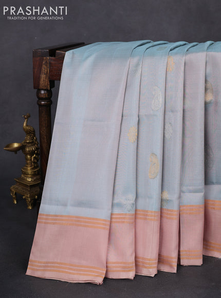 Pure uppada silk saree pastel blue shade and sandal with silver & gold zari woven buttas and rettapet zari woven border
