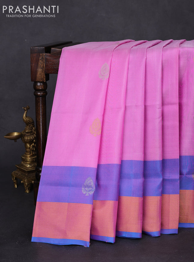 Pure uppada silk saree lotus pink and cs blue with silver & gold zari woven buttas and zari woven border