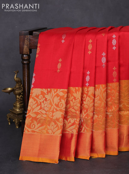 Pure uppada silk saree red and mustard yellow with silver & gold zari woven buttas and long zari woven border