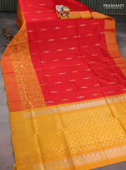 Pure uppada silk saree red and mustard yellow with silver & gold zari woven buttas and long zari woven border