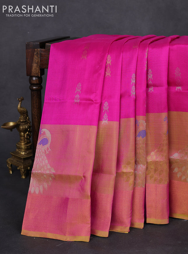 Pure uppada silk saree pink and dual shade of yellow with silver & gold zari woven buttas and peacock design zari woven border