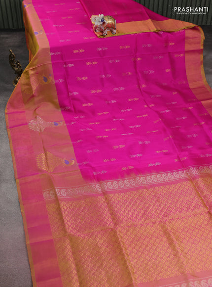 Pure uppada silk saree pink and dual shade of yellow with silver & gold zari woven buttas and peacock design zari woven border