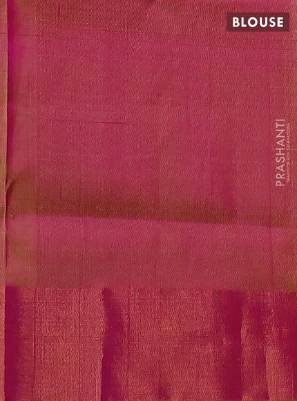 Pure uppada silk saree pink and dual shade of yellow with silver & gold zari woven buttas and peacock design zari woven border