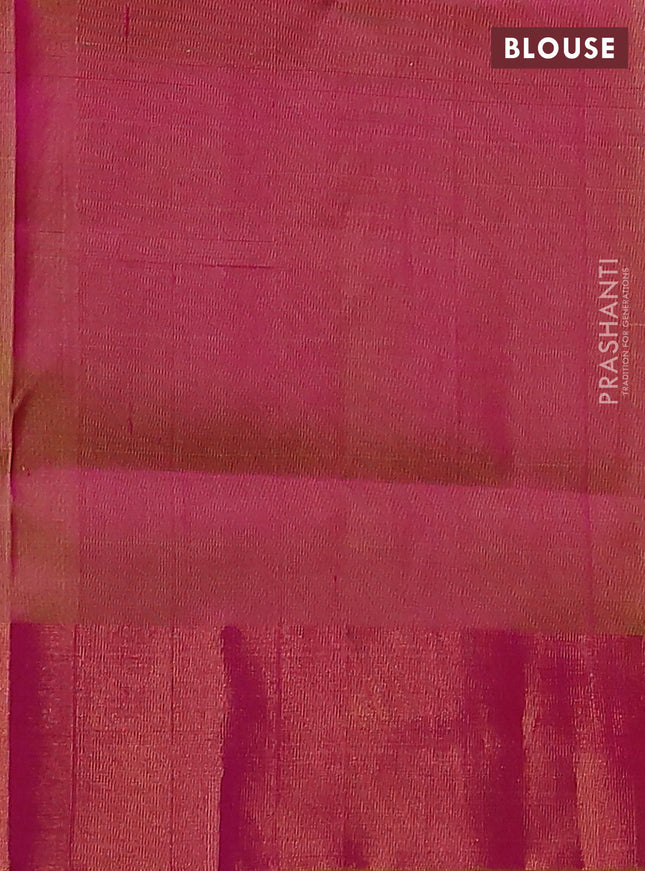 Pure uppada silk saree pink and dual shade of yellow with silver & gold zari woven buttas and peacock design zari woven border