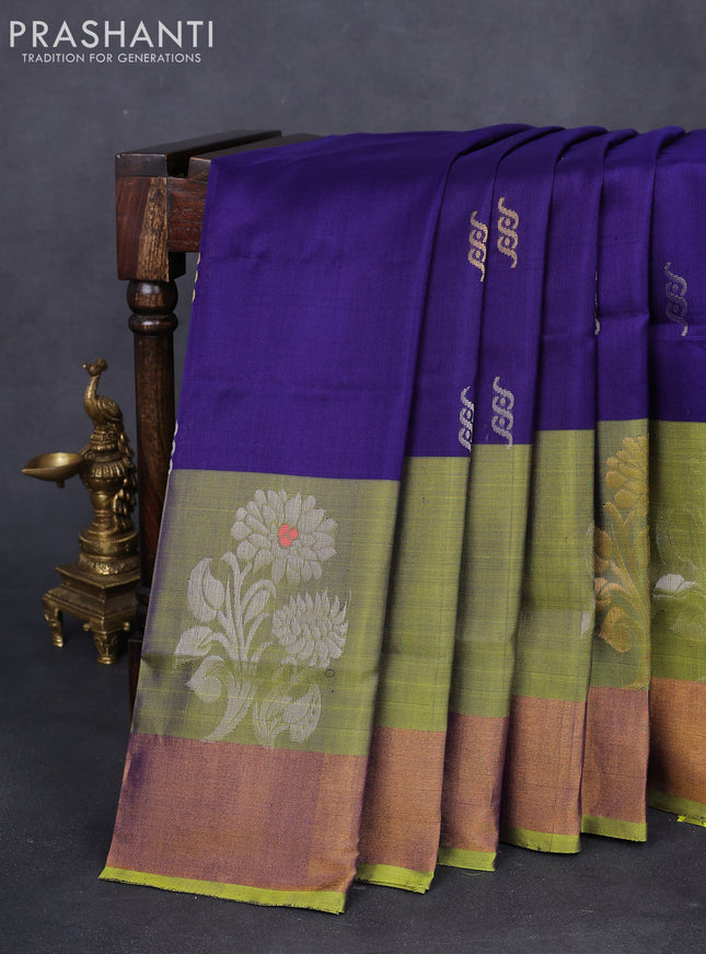 Pure uppada silk saree blue and light green with silver & gold zari woven buttas and long floral zari woven butta border