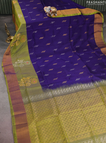 Pure uppada silk saree blue and light green with silver & gold zari woven buttas and long floral zari woven butta border