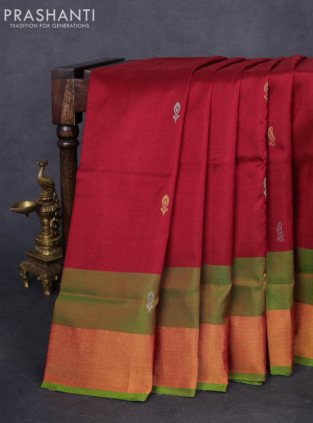 Pure uppada silk saree maroon and green with silver & gold zari woven buttas and zari woven border