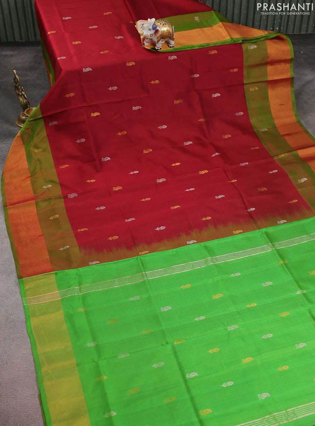 Pure uppada silk saree maroon and green with silver & gold zari woven buttas and zari woven border