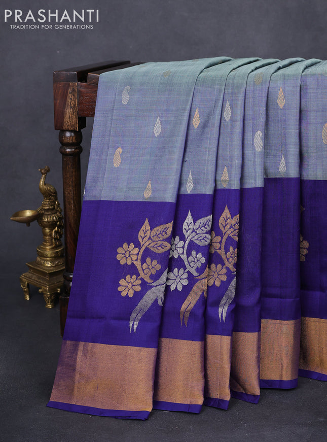 Pure uppada silk saree dual shade of bluish grey and dark blue with silver & gold zari woven buttas and long zari woven butta border