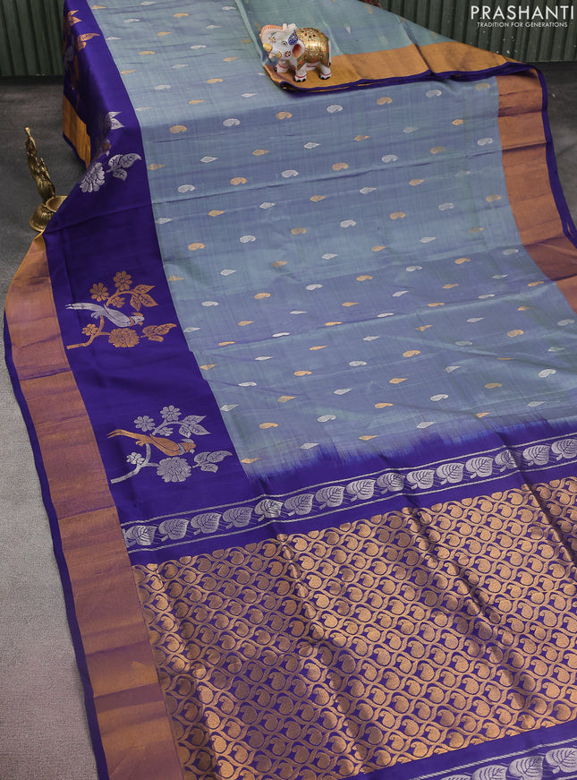 Pure uppada silk saree dual shade of bluish grey and dark blue with silver & gold zari woven buttas and long zari woven butta border