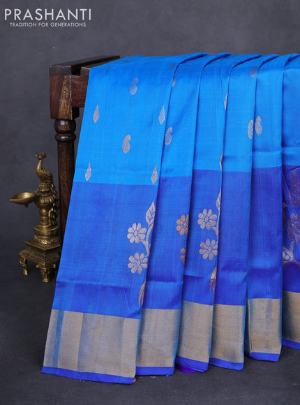 Pure uppada silk saree cs blue and blue with silver & gold zari woven buttas and long zari woven butta border