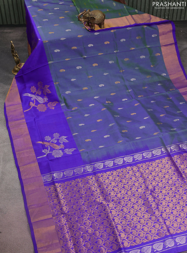 Pure uppada silk saree dual shade of bluish green and blue with silver & gold zari woven buttas and long zari woven butta border