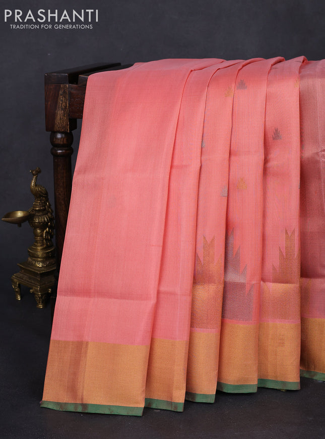 Pure uppada silk saree peach orange and green with silver & gold zari woven temple buttas and temple design zari woven border